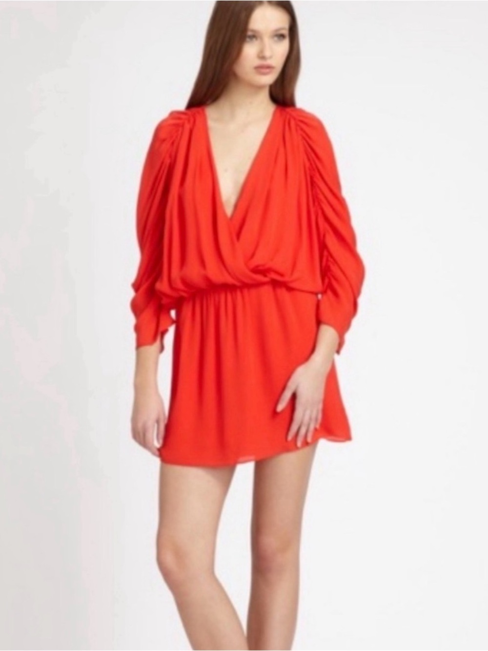 Parker Red Silk Lip Smack Deep V Neck Blouson Mini Dress Size Small